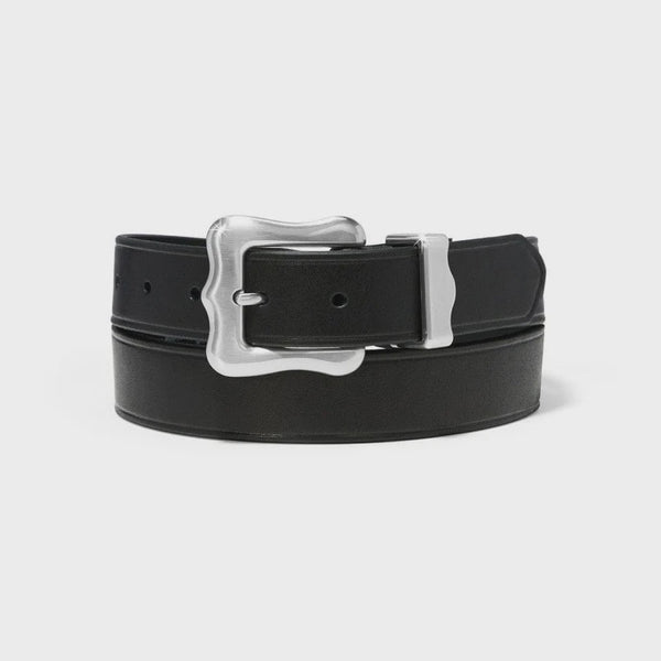 Black belt with a silver buckle on a light gray background