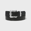 Black belt with a silver buckle on a light gray background