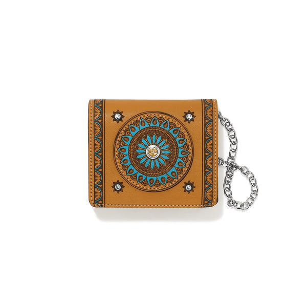 Brown wallet with decorative pattern and chain on a white background