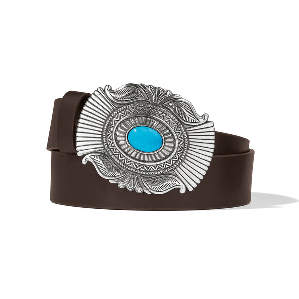 Brighton Raindance Silver Turquoise Concho Brown Leather Belt B60468 FW26up US Made - Saratoga Saddlery & International Boutiques