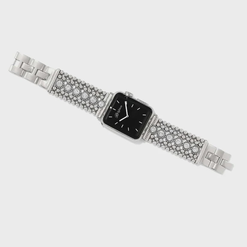 Silver watch with a black face on a white background