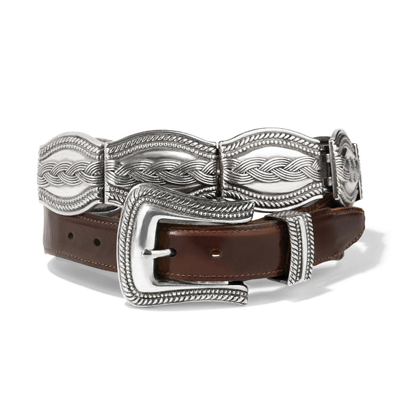 Brown leather belt with silver buckle on a white background