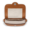Brown leather handbag with beige interior on a white background