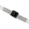 Silver smartwatch with a black screen on a white background