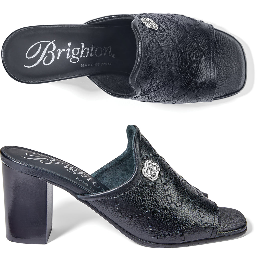 Black high-heeled mule shoe with 'Brighton' branding on a white background