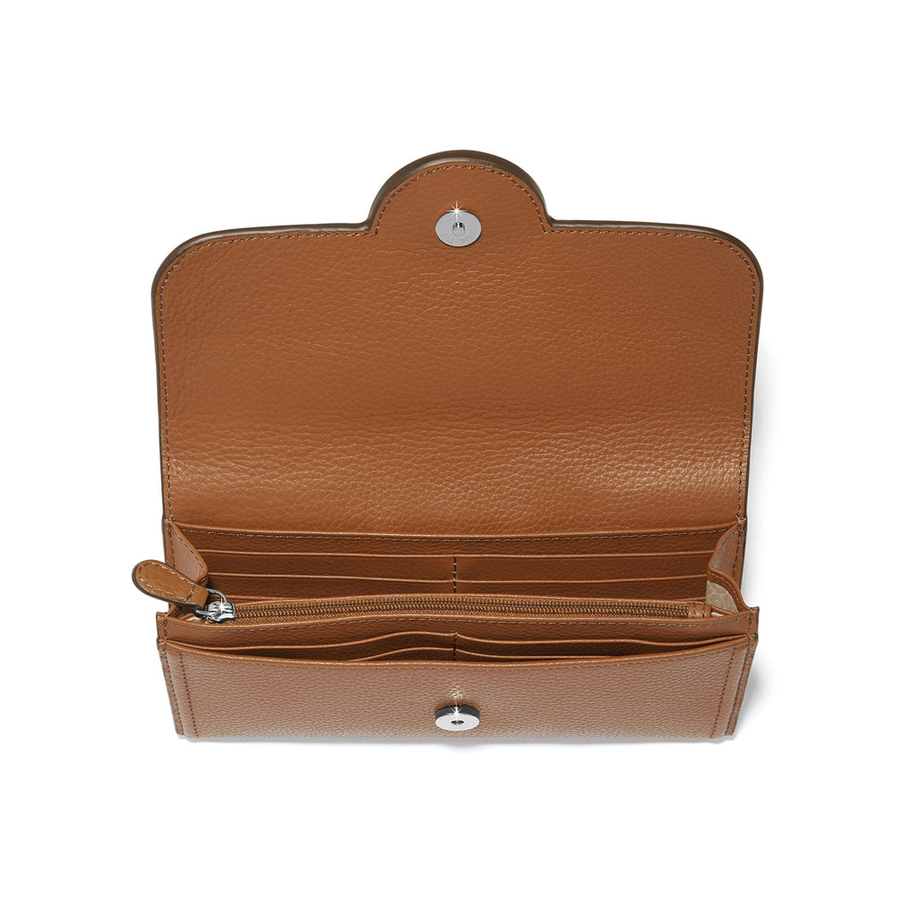 Brown leather wallet with a zipper on a white background