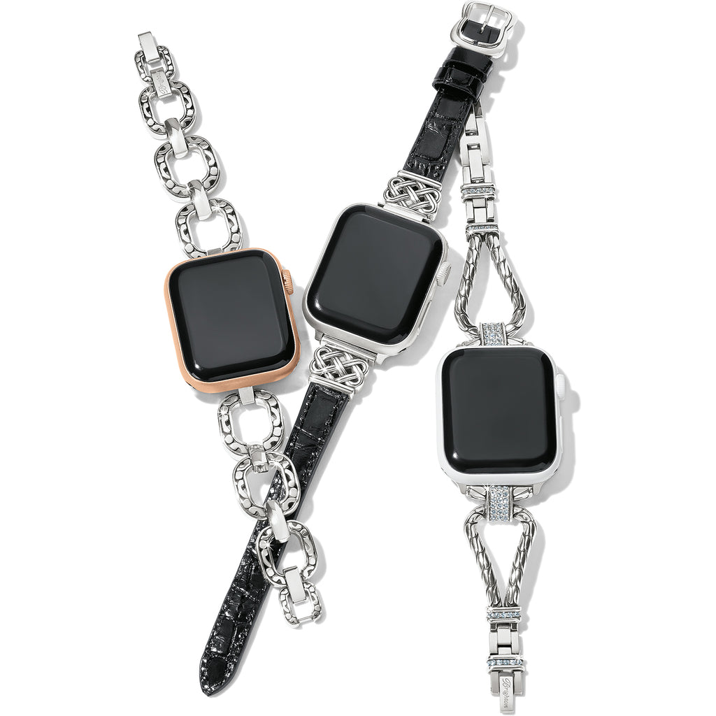 Three smartwatches with different chain-style bracelets on a white background