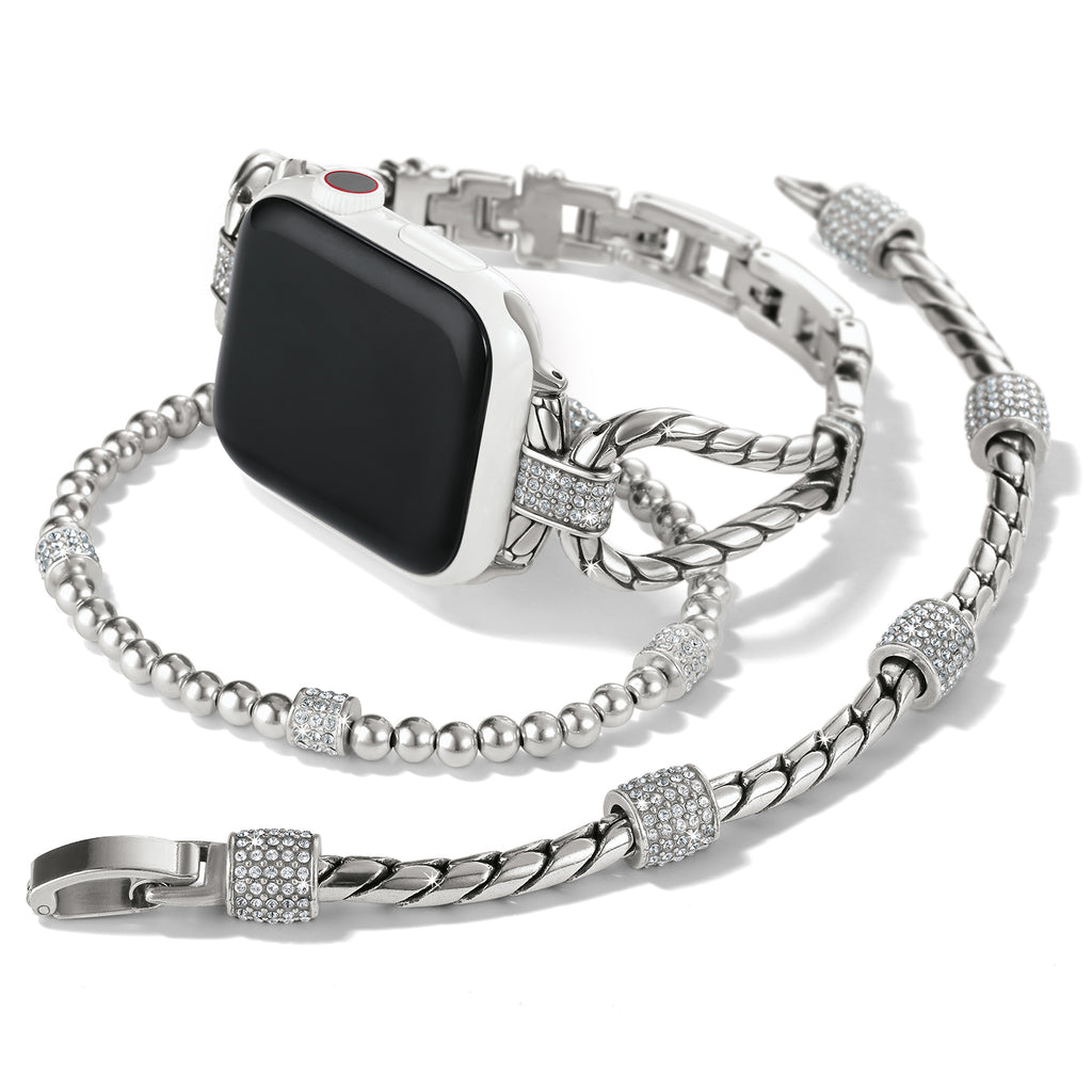 Silver chain watch band with decorative links on a white background