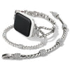 Silver chain watch band with decorative links on a white background