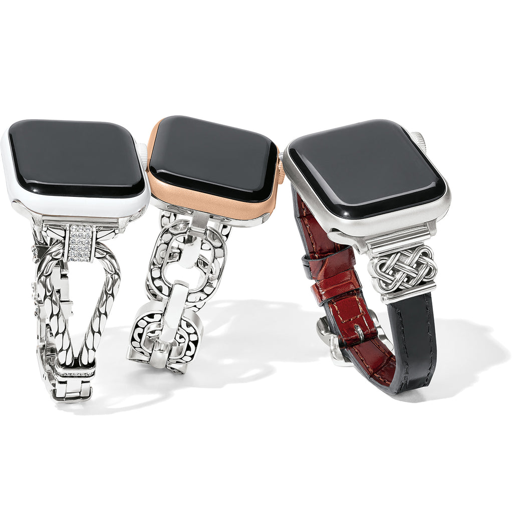 Three smartwatches with different band designs on a white background