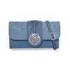 Blue clutch bag with decorative buckle on a white background