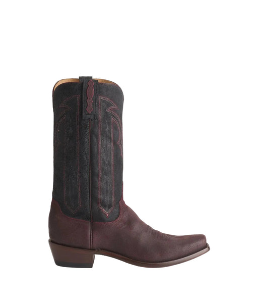 Brown cowboy boot with red stitching on a light gray background