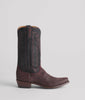 Brown cowboy boot with red stitching on a light gray background