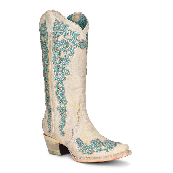 Women's White Cream Glitter Leather Boots by CORRAL A4368 - Saratoga Saddlery & International Boutiques