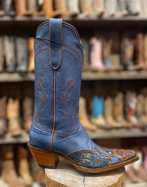 Women's Custom Made Blue Leather Cowboy Boots Tooled Wingtip by Black Jack Boots