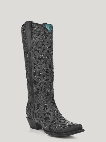 Black Glitter With CRYSTALS and Studs Snip Toe Tall Top Black Cowboy Boot SS23 - Saratoga Saddlery & International Boutiques