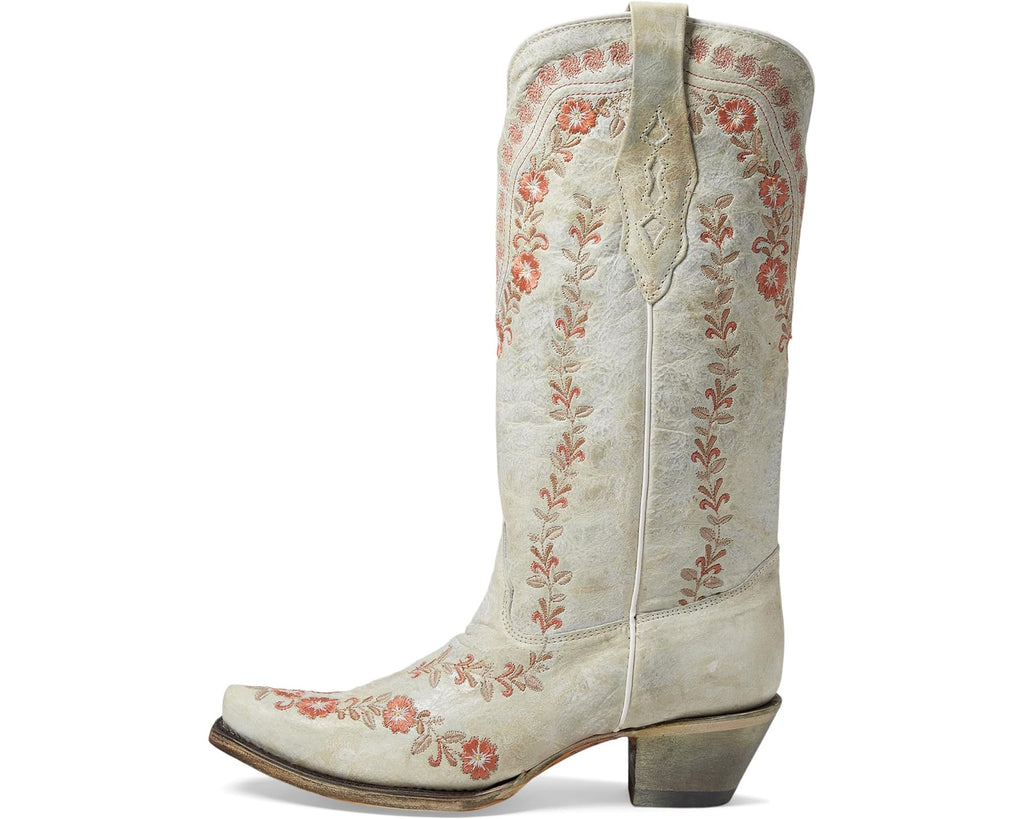 Corral Women's White with Pink Flower Embroidered Tall Cowboy Boots A4455