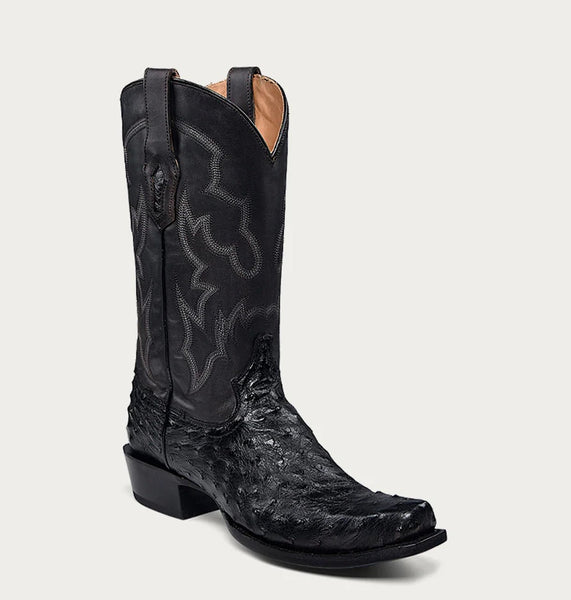 A single black square-toe cowboy boot with an ostrich pattern, featuring a shaft height of 12 inches and a heel height of 2 inches.