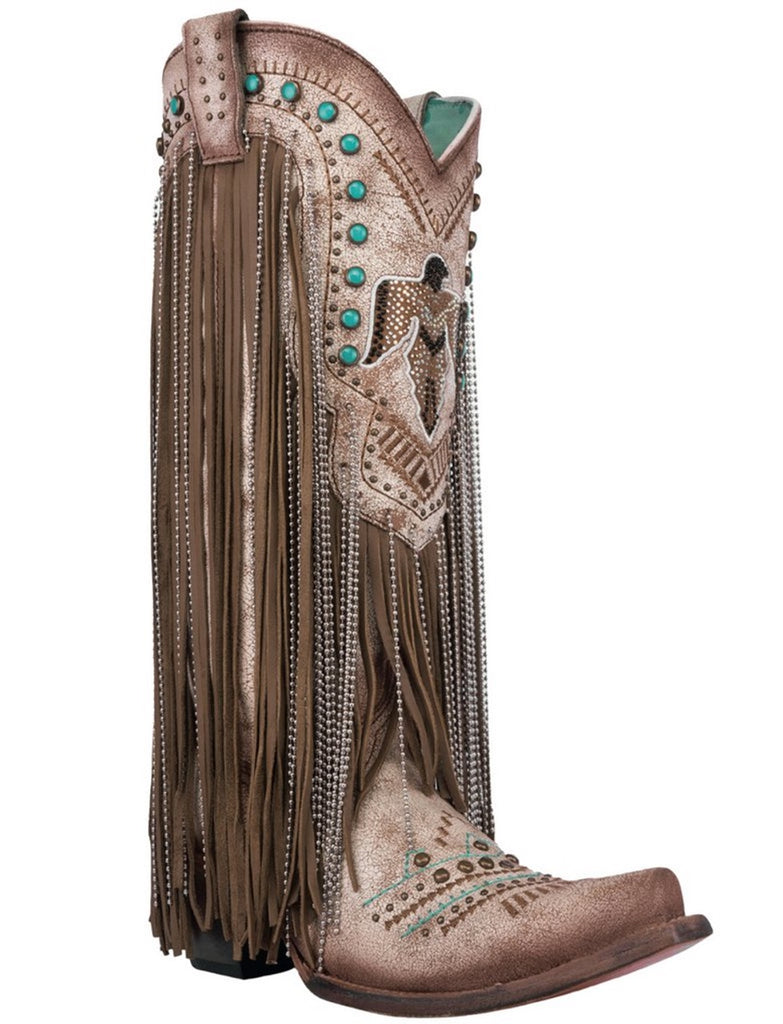 Corral Women's Beige Eagle Crystal Fringe Tall Cowboy Boots style C4088