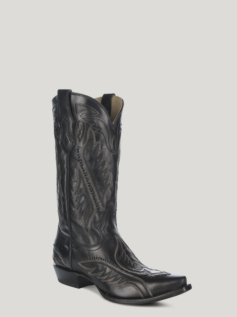 Men's Black Leather Cowboy Boots with Embroidery C4149
