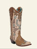 Decorative cowboy boot with floral and horseshoe patterns on a light gray background