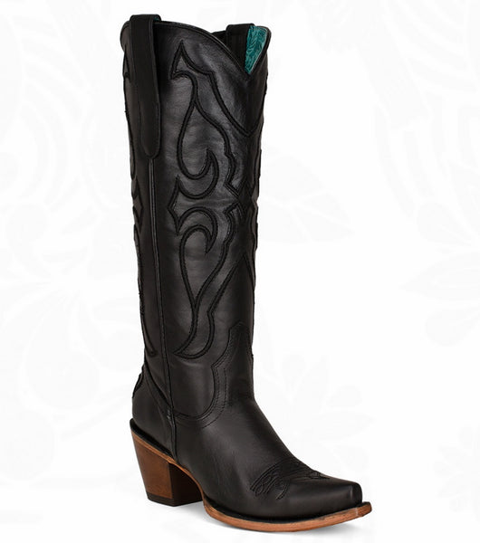 Corral Women's Black Tall Top Stitch Pattern & Inlay Pull straps  Snip Toe Boot Z5075 - Saratoga Saddlery & International Boutiques