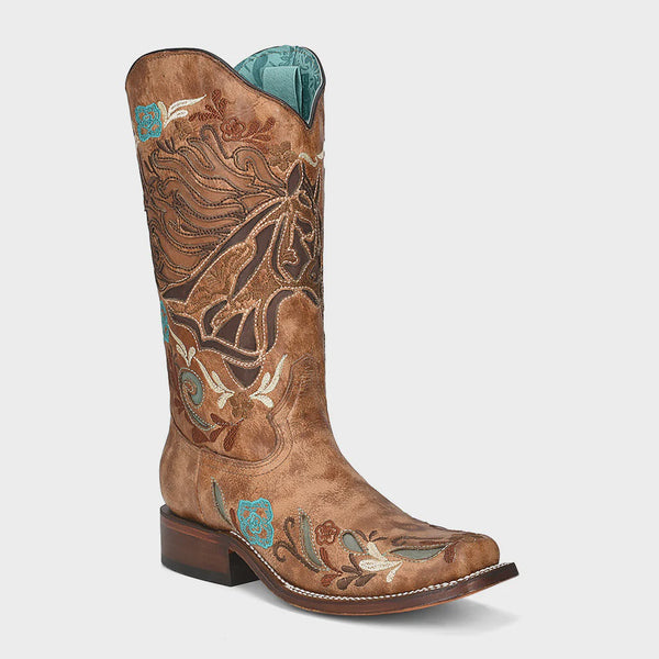 Corral LD Sand Horse Inlay & Multicolor Embroidery Sq Toe A4266 ON SALE - Saratoga Saddlery & International Boutiques