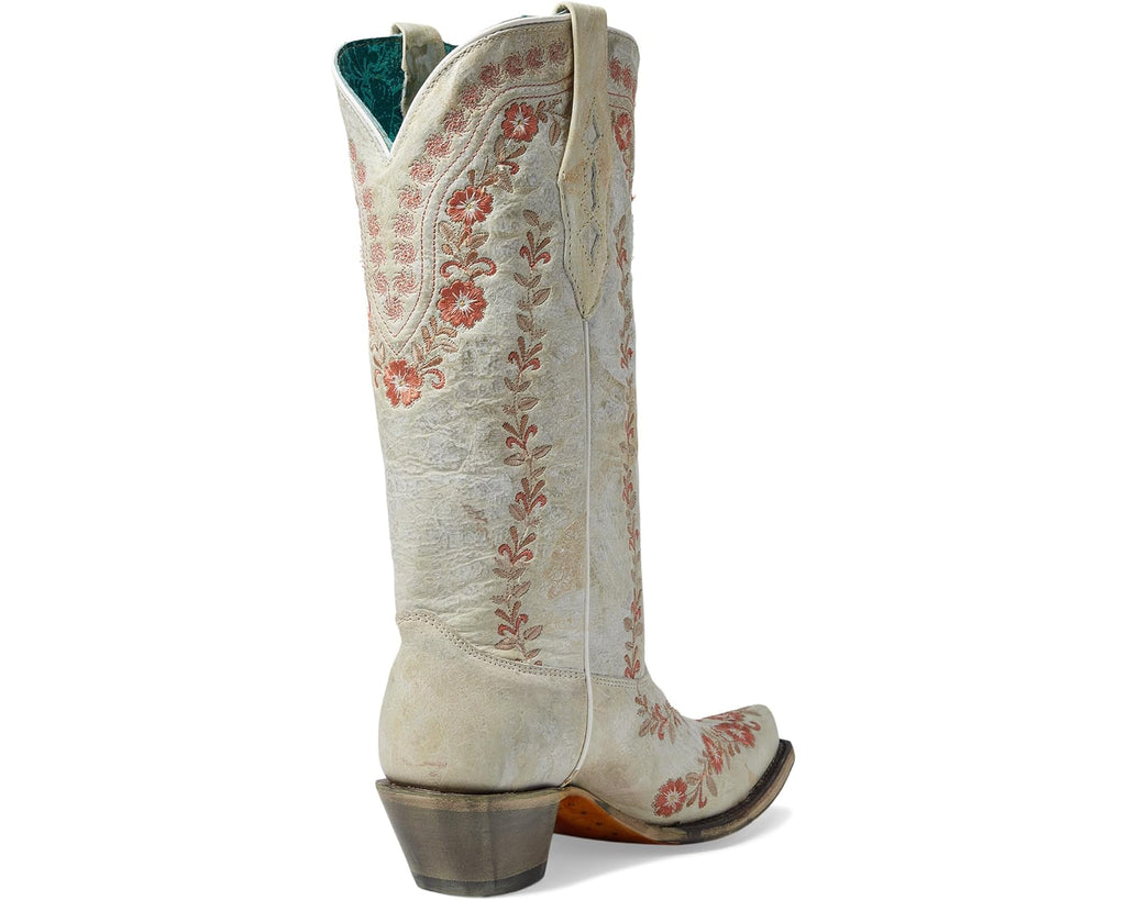 Corral Women's White with Pink Flower Embroidered Tall Cowboy Boots A4455