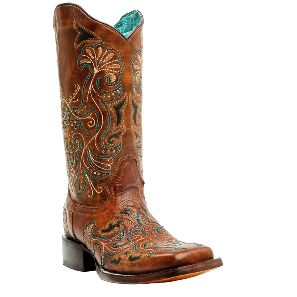 Corral A4483 Ladies Sand Embroidered Studs Square Toe brown Cowboy Boots On Sale - Saratoga Saddlery & International Boutiques