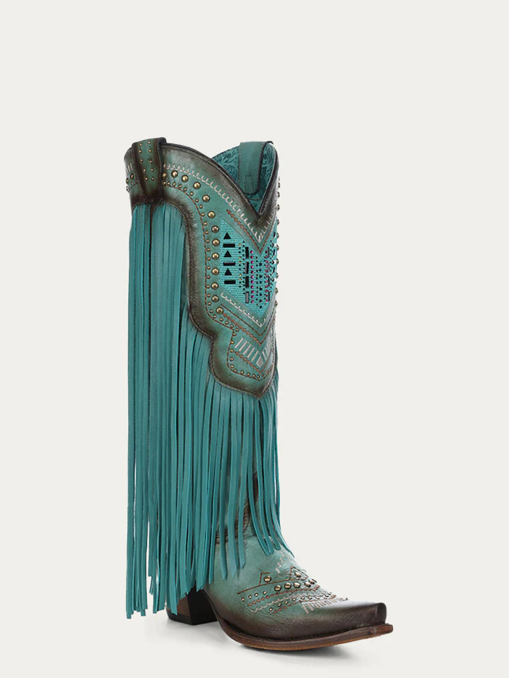Corral C4077 Women's Turquoise Embroidery & Crystals Lamb Fringe Tall Boots