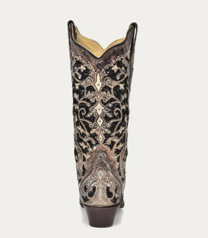 Corral Women's Black Brown Boots A3569 Vintage Vibe  Black Crystals Inlay 