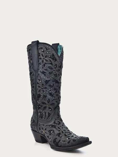 Women's Black Cowboy Boots with Crystals Inlay and Studs Corral A3752 - Saratoga Saddlery & International Boutiques