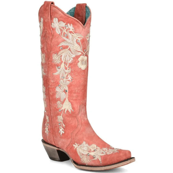 Corral Women's Coral Flower Embroidery Crystal Stud Cowgirl Boots A4238 - Saratoga Saddlery & International Boutiques