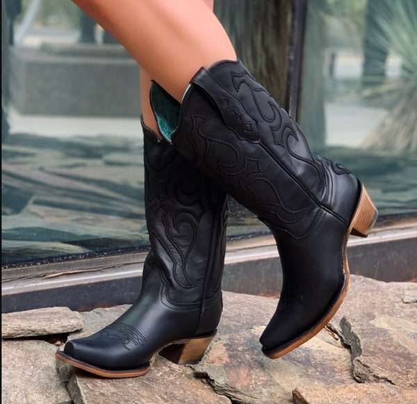 Corral Women's Black Cowboy Boots with Stitch Pattern Inlay Pull Straps Snip Toe Z5072 