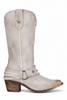 A single light gray distressed suede cowboy boot with a brown stacked heel and pointed toe, shown against a plain white background.