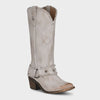 White distressed cowboy boot on a light gray background