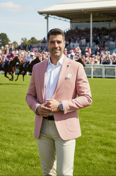 Man wearing a pink blazer over a white shirt with a dark patterned background