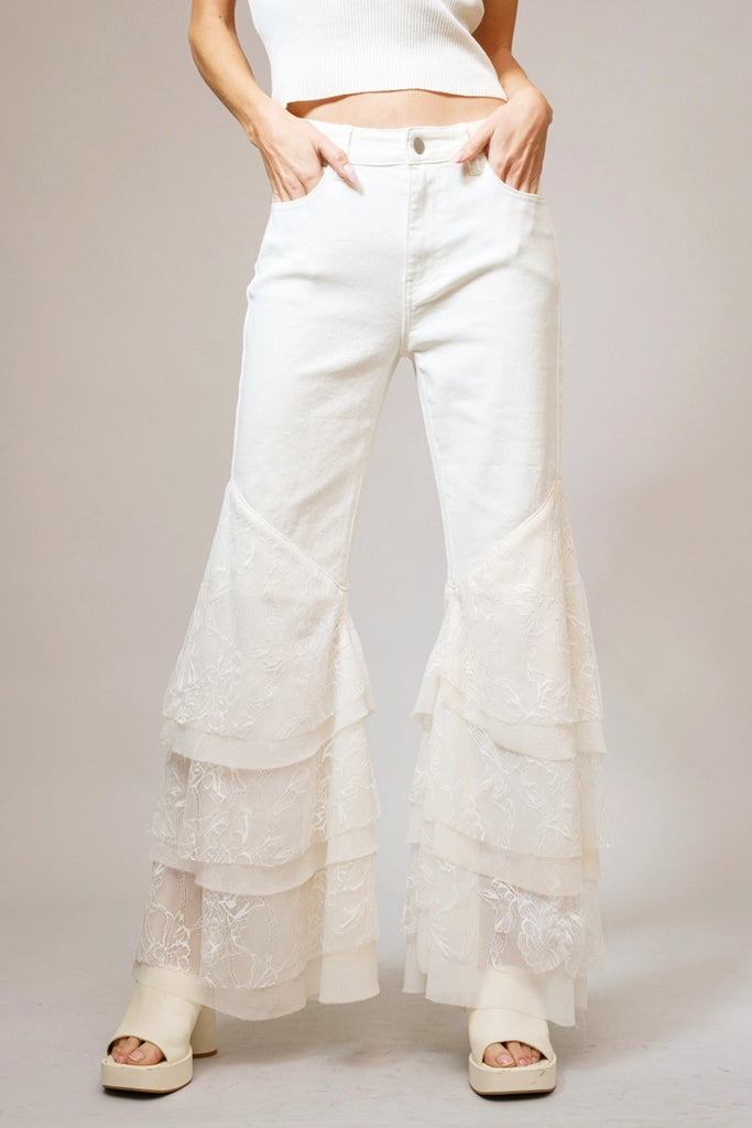 White Lace Tiered Flare Denim Jeans – Mid Rise Western Style Denim