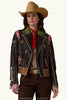 Person wearing a detailed western-style jacket and hat on a brown background with 'Double D Ranch' branding.