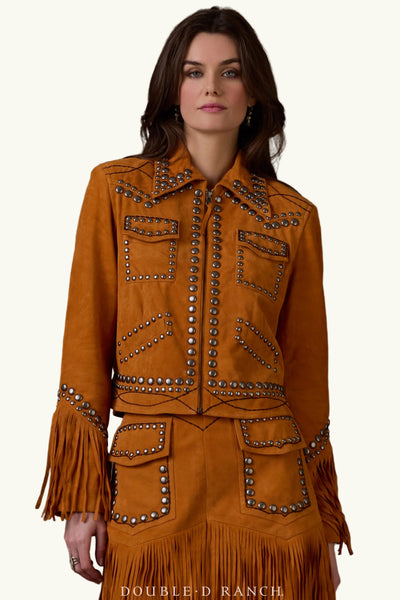 Woman wearing a brown suede jacket with fringe and studs on a brown background, featuring 'Double D Ranch' branding.