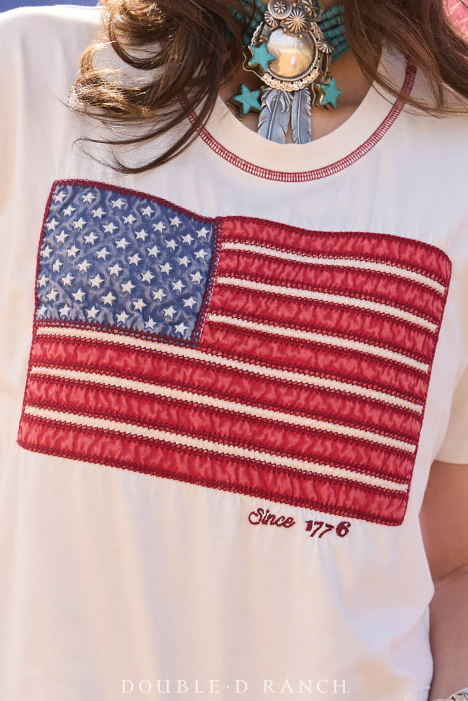 White t-shirt with American flag design and 'Double D Ranch' branding.