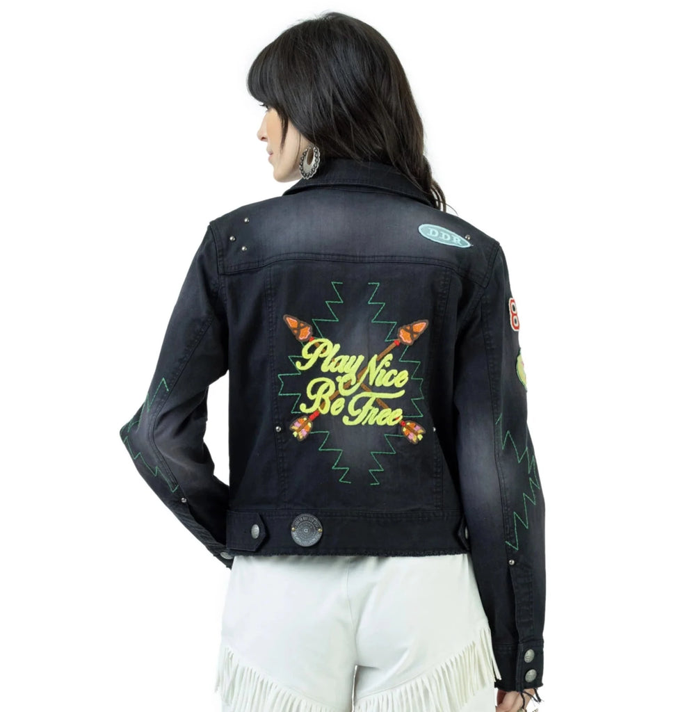 This dreamy jean jacket is a distressed black denim, the perfect canvas for eye-catching embroidery and applique of colorful characters