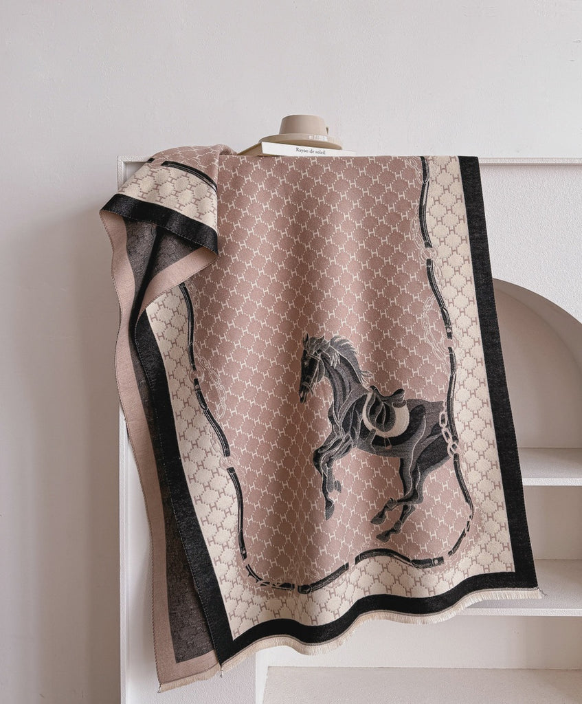 Hermès-Inspired Equestrian Style Scarf in Black & Tan Rearing Horse Motive Wrap

