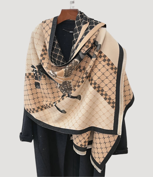 Equestrian Wrap Tan / Black Giddy Up Reversible Scarf
