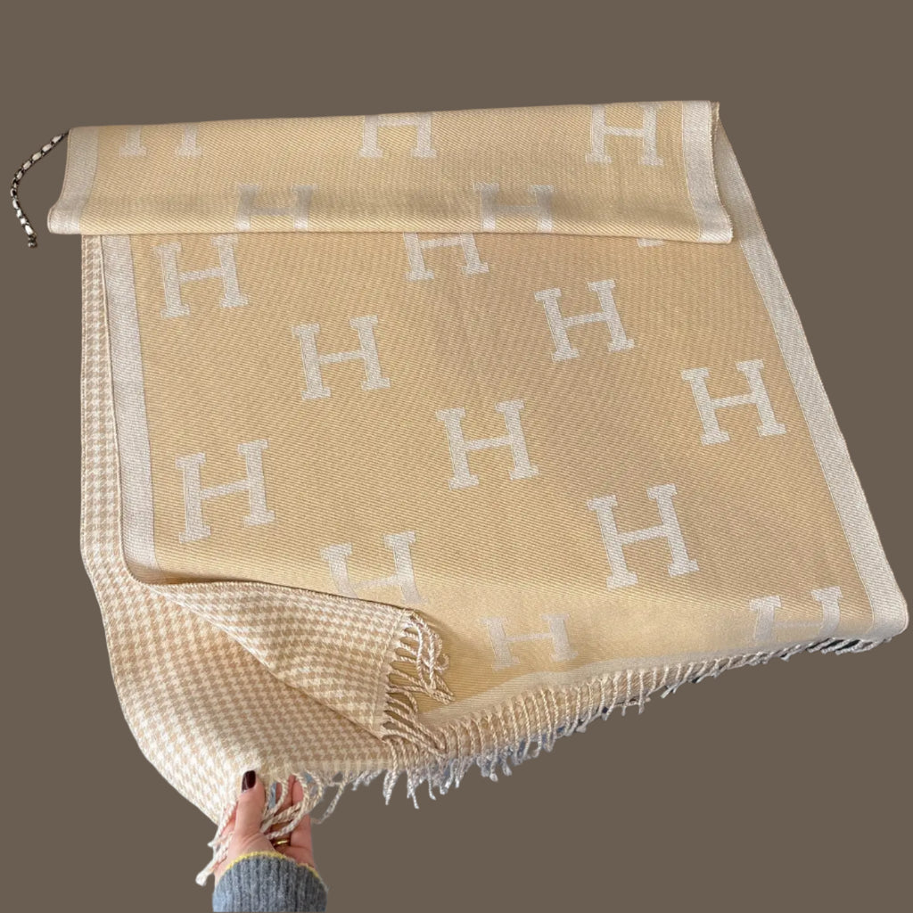 Equestrian Inspired Style Scarf Reversible Wrap in Tan /Cream Houndstooth