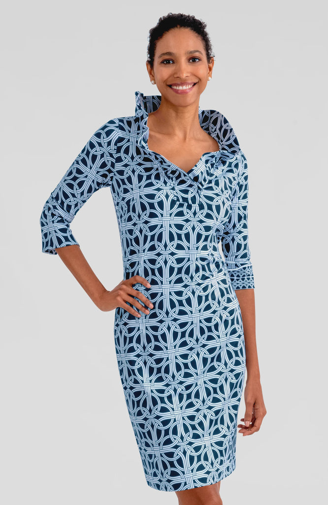 Gretchen Scott Women's Dress stretch Jersey Ruffneck Dress in Navy Ring Toss JDRNRT