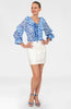 Gretchen Scott Rufflestilskin Top – Smell The Roses Blue Ruffle V-Neck Blouse