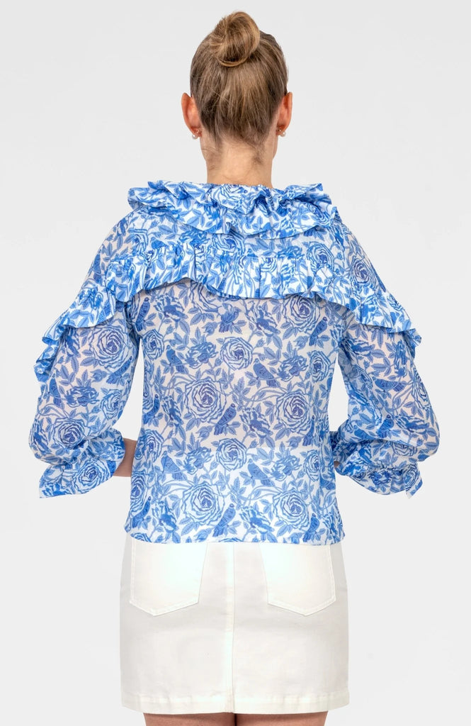 Gretchen Scott Rufflestilskin Top – Smell The Roses Blue Ruffle V-Neck Blouse