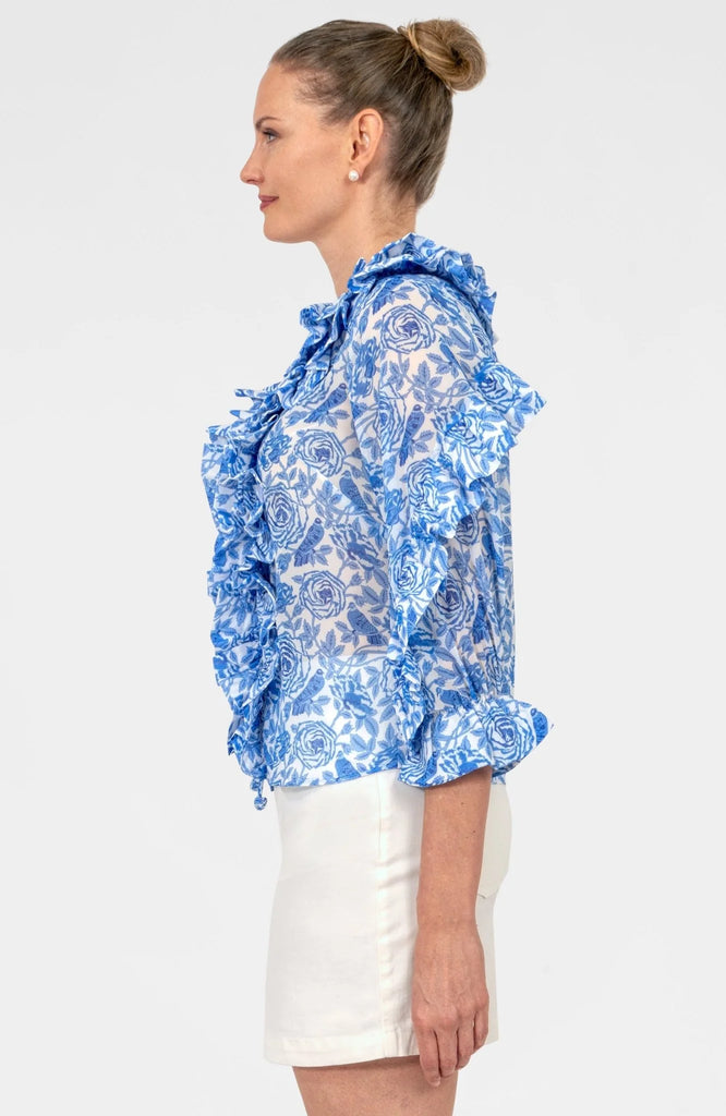 Gretchen Scott Rufflestilskin Top – Smell The Roses Blue Ruffle V-Neck Blouse