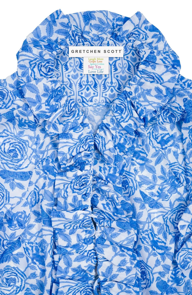 Gretchen Scott Rufflestilskin Top – Smell The Roses Blue Ruffle V-Neck Blouse
